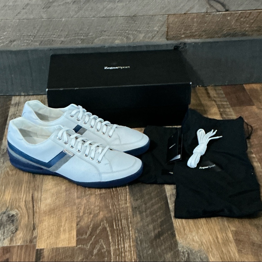 Zegna Sport White Leather Trainers – Blue Stripe – Men’s Size 12 - Picture 11 of 12